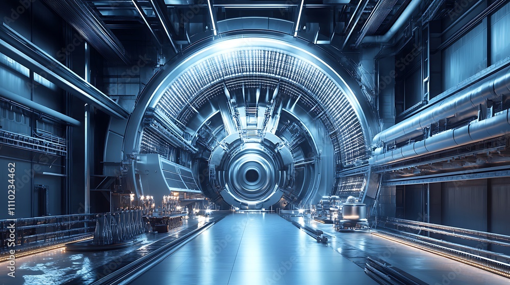Futuristic industrial interior with circular machinery and metallic structures. Futuristic industrial interior with circular machinery and metallic structures.