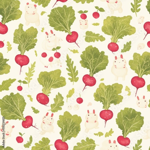Cute bunnies and radishes seamless pattern.
