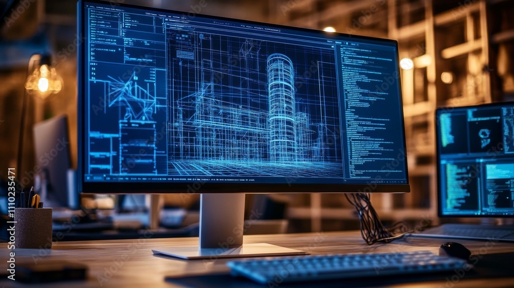 Desktop computer monitor blueprint screen is placed wooden Grid Lines: An image Desktop computer monitor blueprint screen is placed wooden Grid Lines: An image