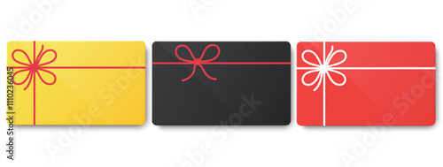 Blank color gift cards with bow for sale day, bonus card, certificate, top view. Marketing promotion sales concept. Business cards black, red, yellow on white background.