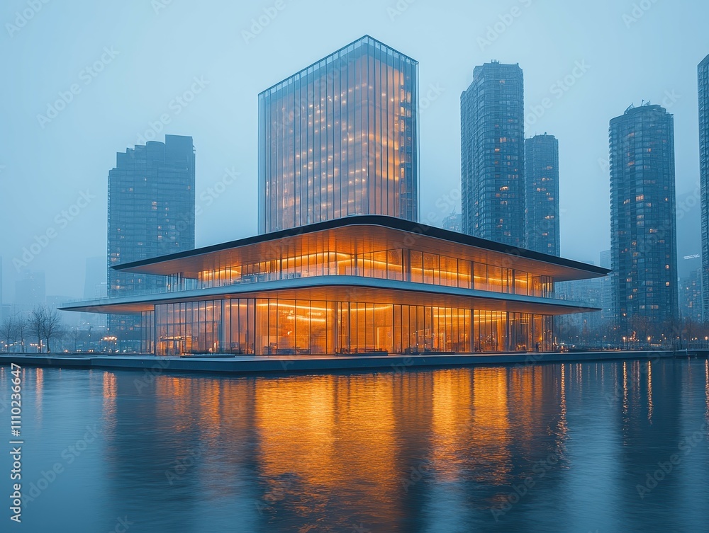 Obraz premium Modern architecture with glowing reflections on calm water during foggy evening scene