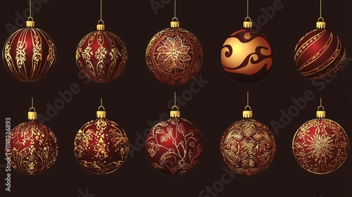 Elegant vector ornaments in rich red tones with intricate golden designs for festive decoration