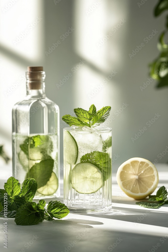 Refreshing Mint and Cucumber Drink with Lemon and Ice in a Glass, Perfect for a Summer Day, Capturing a Timeless Beverage Aesthetic in Natural Light Refreshing Mint and Cucumber Drink with Lemon and Ice in a Glass, Perfect for a Summer Day, Capturing a Timeless Beverage Aesthetic in Natural Light