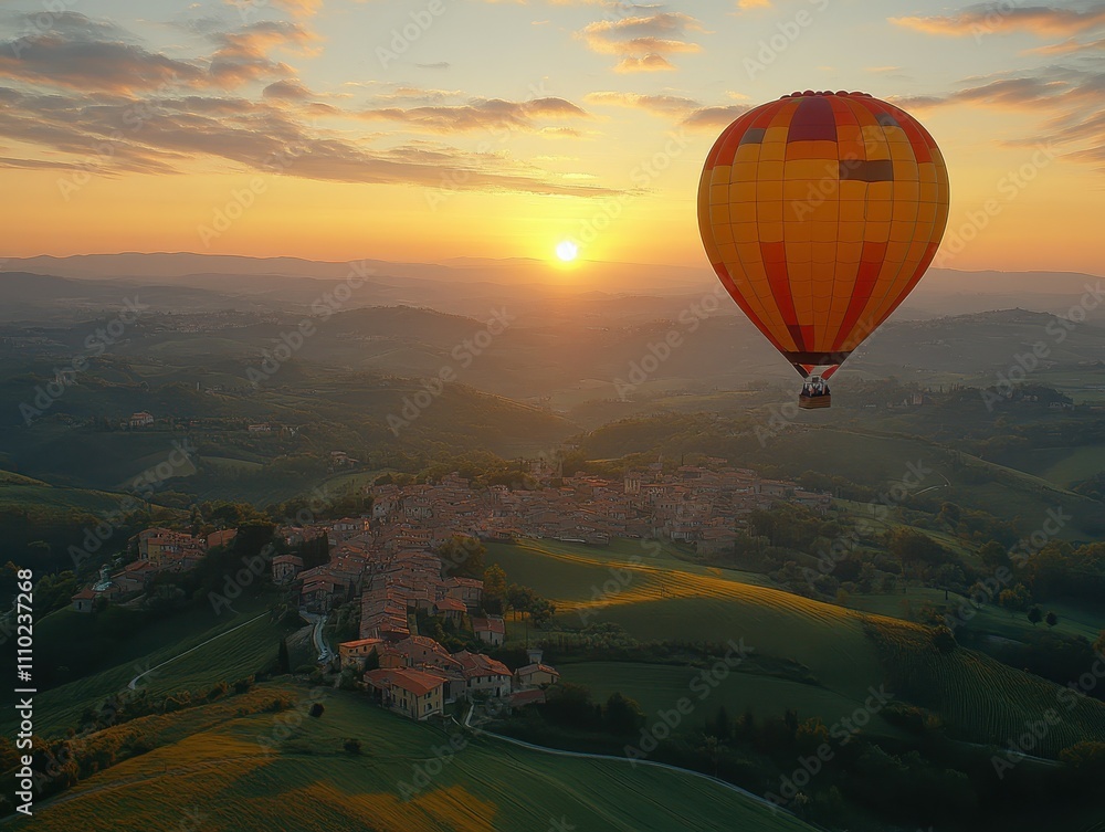 Fototapeta premium Hot air balloon floating over a valley, colorful balloons, picturesque landscape, sunrise, serenity