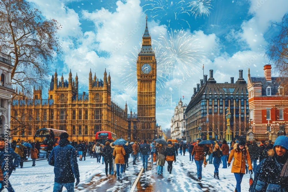 Obraz premium Vibrant fireworks illuminate the sky surrounding big ben during new year s eve festivities