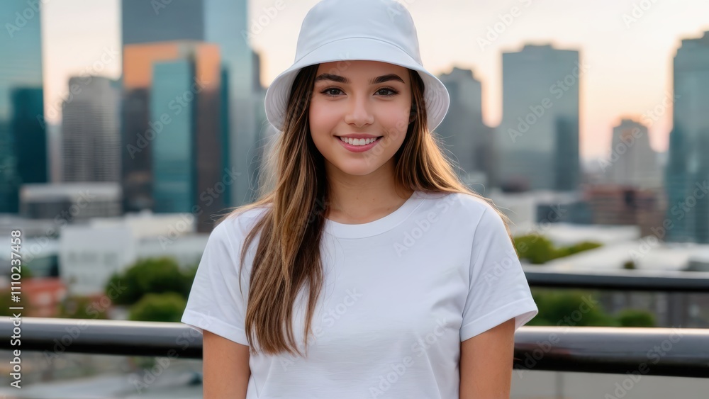 Teenage girl wearing white t-shirt and white bucket hat standing on cityscape background Teenage girl wearing white t-shirt and white bucket hat standing on cityscape background