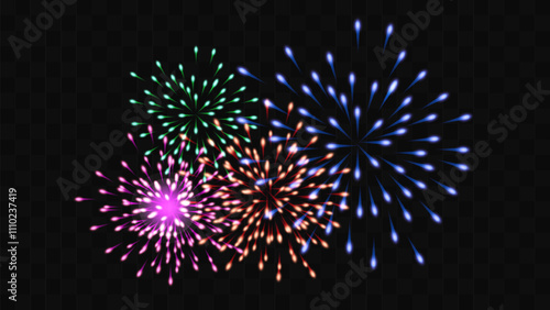 Firework festive color sparkle and twinkle on a transparent background. Holiday Wedding Festival Design for Birthday Card Poster advertising. Vector