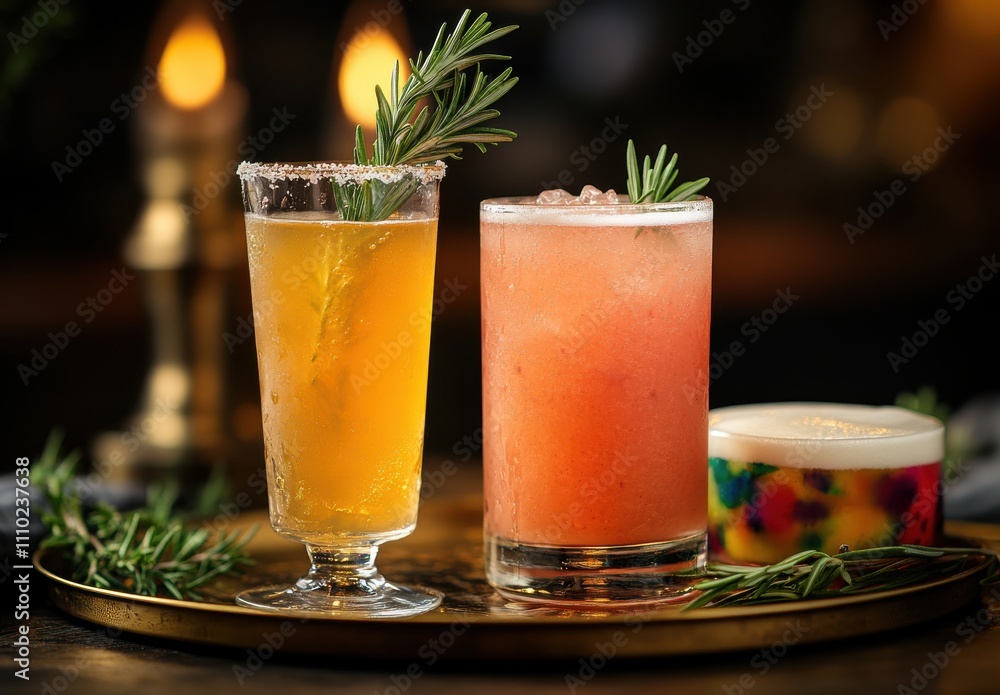 Refreshing Summer Cocktails Served on a Tray with Rosemary Garnish Perfect for Outdoor Gatherings and Celebrating Special Moments with Friends and Family Refreshing Summer Cocktails Served on a Tray with Rosemary Garnish Perfect for Outdoor Gatherings and Celebrating Special Moments with Friends and Family