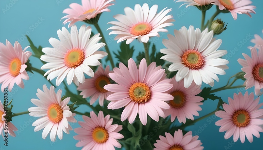Un ramo de flores de margaritas rosas y blancas sobre un fondo azul claro Un ramo de flores de margaritas rosas y blancas sobre un fondo azul claro