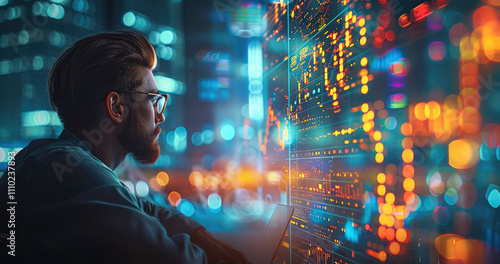 Businessman in office, with laptop, holographic digital view of financial graph and data showing the growth projecting in space.