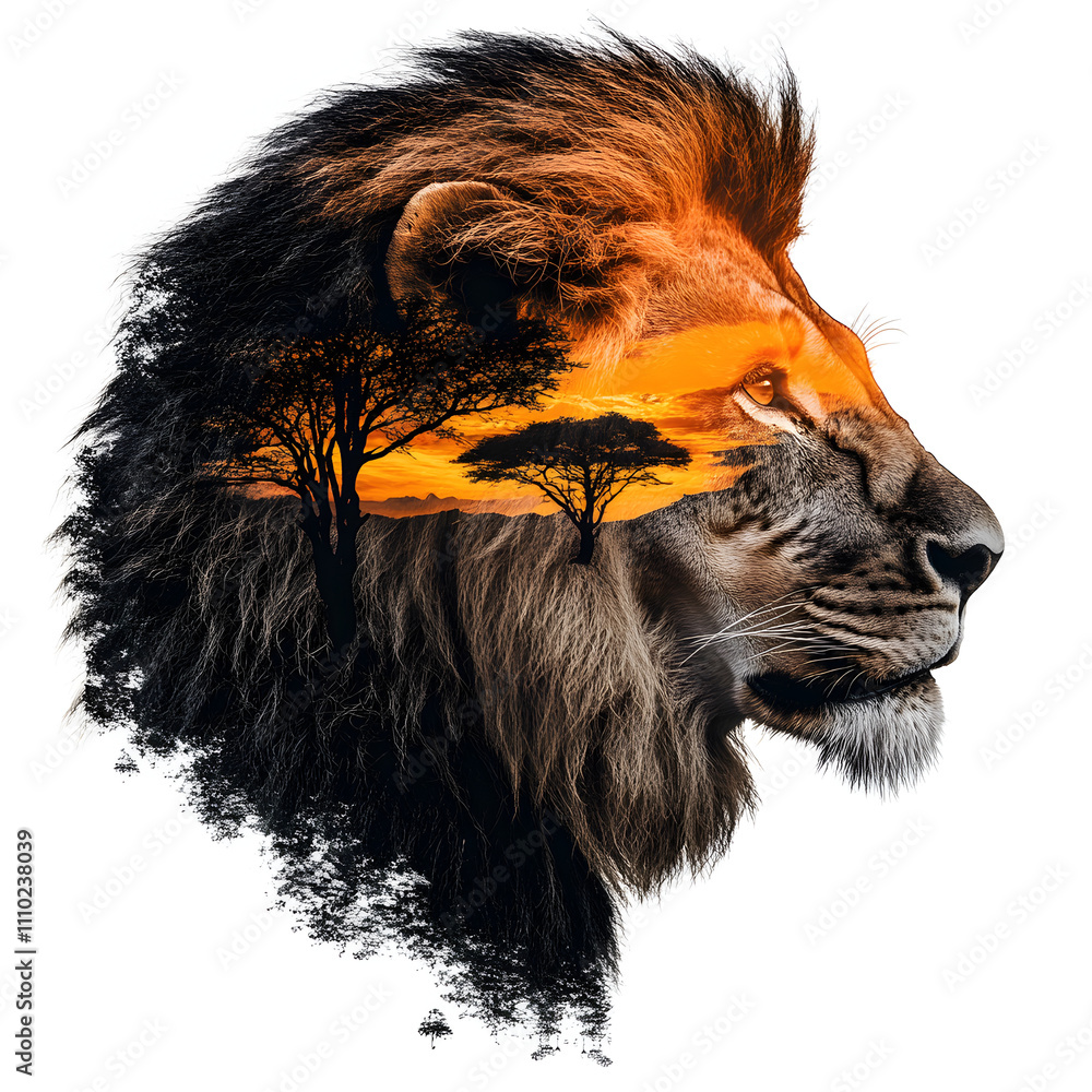 Lion face with an African overlay Lion face with an African overlay