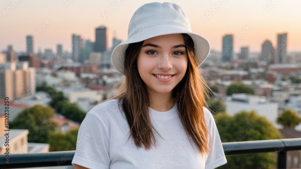 Teenage girl wearing white t-shirt and white bucket hat standing on cityscape background Teenage girl wearing white t-shirt and white bucket hat standing on cityscape background