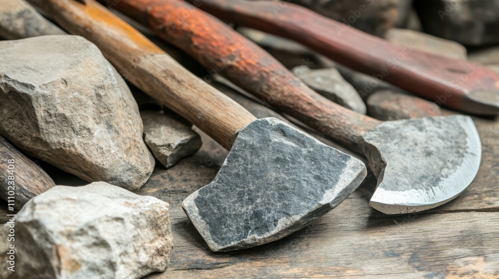 Close-up of ancient stone tools, sharp flint knives, and polished axes on a weathered wooden surface, symbolizing prehistoric craftsmanship and the dawn of human ingenuity. Close-up of ancient stone tools, sharp flint knives, and polished axes on a weathered wooden surface, symbolizing prehistoric craftsmanship and the dawn of human ingenuity.