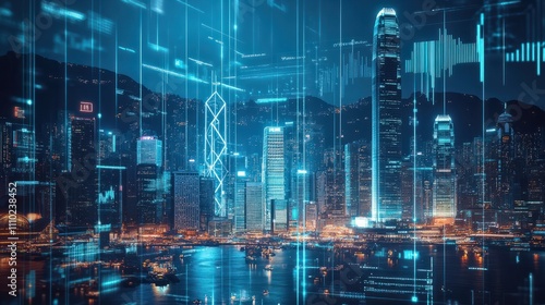 Wallpaper Mural The vibrant skyline of Hong Kong lights up the night with its towering skyscrapers reflecting city life, while digital graphs overlay the scene, indicating market insights. Torontodigital.ca