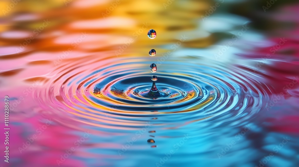 Close-up of water droplet creating ripples on a colorful surface. Close-up of water droplet creating ripples on a colorful surface.