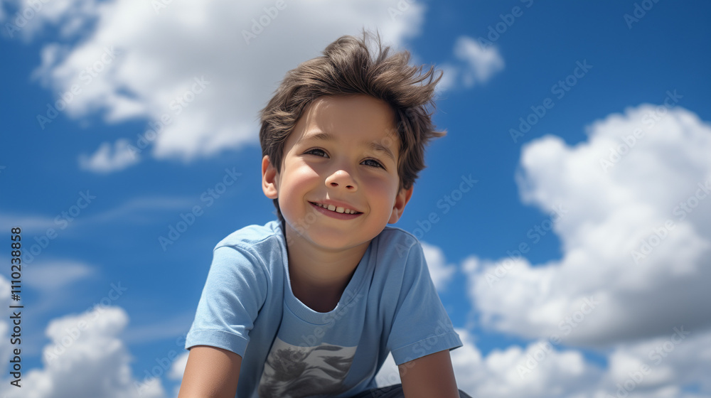Portrait of a happy child outdoors under a blue sky, exuding innocence and joy Portrait of a happy child outdoors under a blue sky, exuding innocence and joy