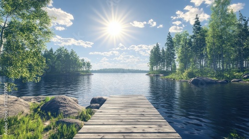 Fototapeta Naklejka Na Ścianę i Meble -  Traditional Finnish and Scandinavian view. Beautiful lake on a summer day and an old rustic wooden dock or pier in Finland. Sun shining on forest and woods in blue sky.