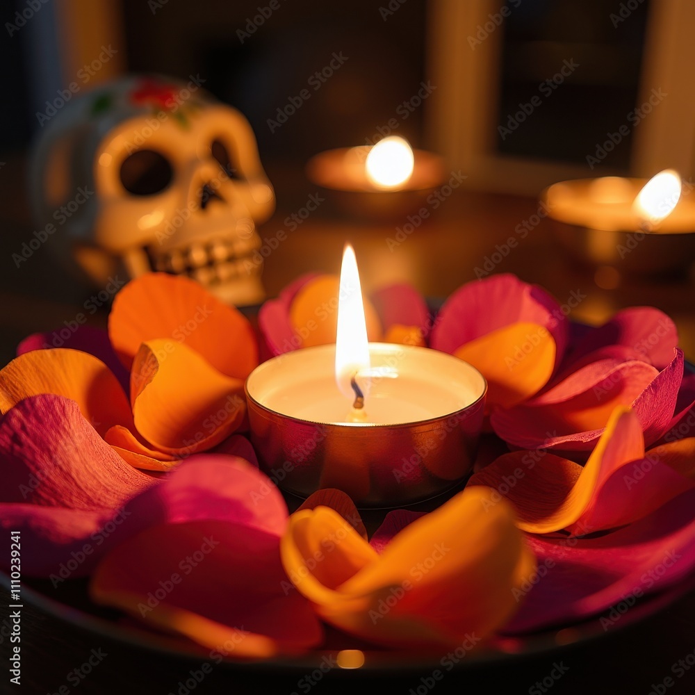 Candlelight Altar with Cempasuchil Petals Honoring Ancestors at Dia de los Muertos. Candlelight Altar with Cempasuchil Petals Honoring Ancestors at Dia de los Muertos.