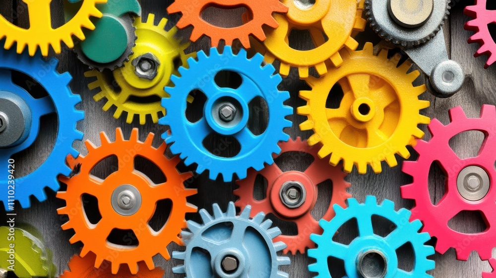 An abstract visualization of multi-colored gears interlocking to create a unified, functional machine on a neutral backdrop An abstract visualization of multi-colored gears interlocking to create a unified, functional machine on a neutral backdrop