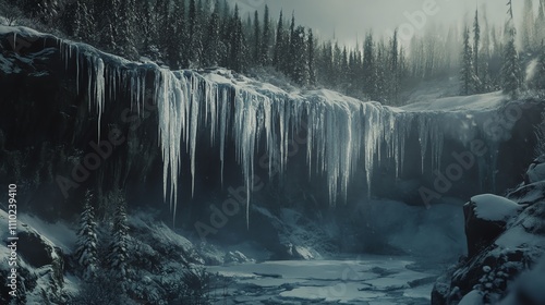 Frozen waterfall surrounded by quiet, snowy forest scenery.