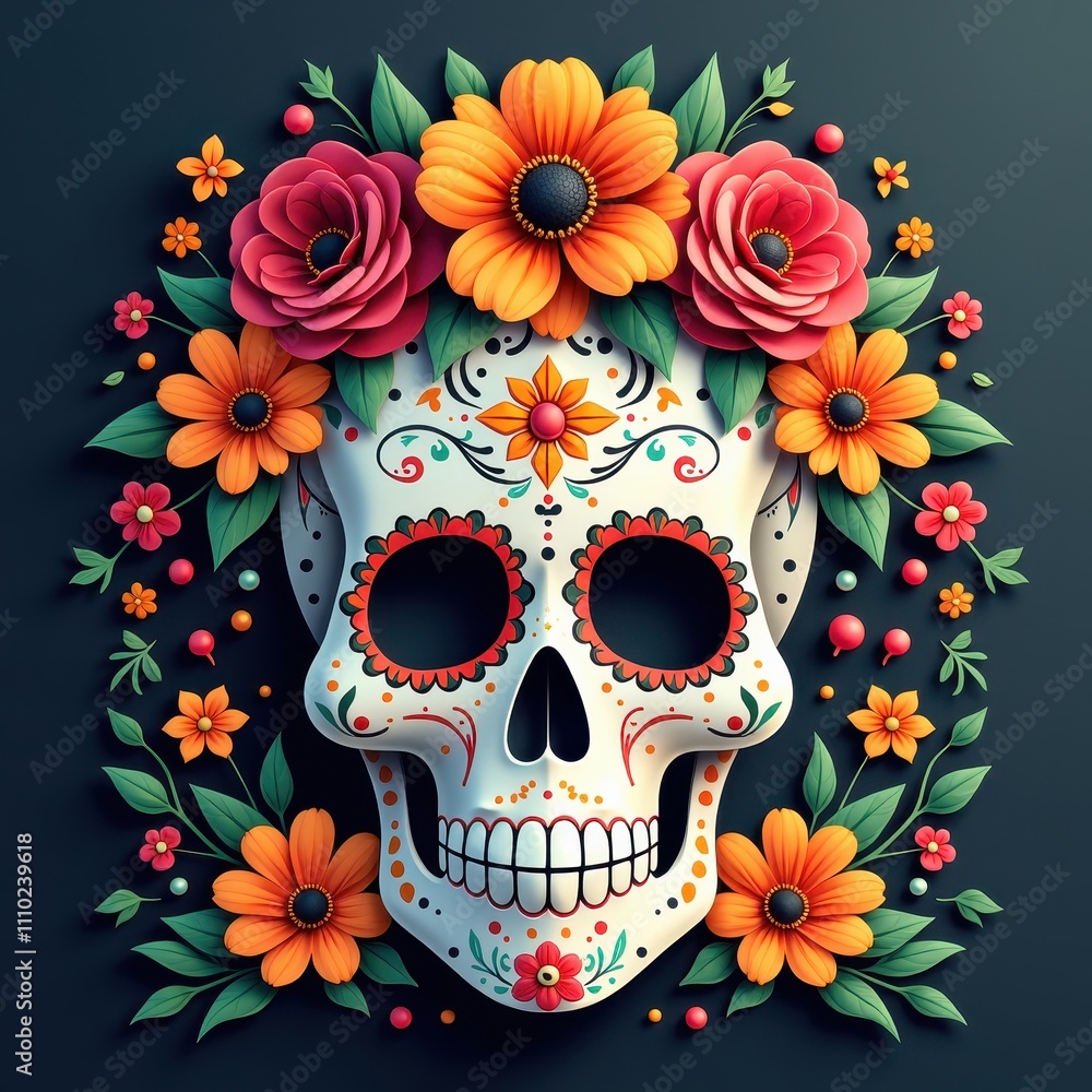 Dia de los Muertos Skull Decor with Floral Accents and Mexican Symbolism. Dia de los Muertos Skull Decor with Floral Accents and Mexican Symbolism.