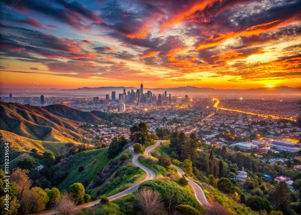 Fototapeta premium Captivating Los Angeles Skyline Panorama from the Iconic Hollywood Hills with Sunset Glow Over Cityscape and Lush Greenery in the Foreground for Urban Exploration Photography