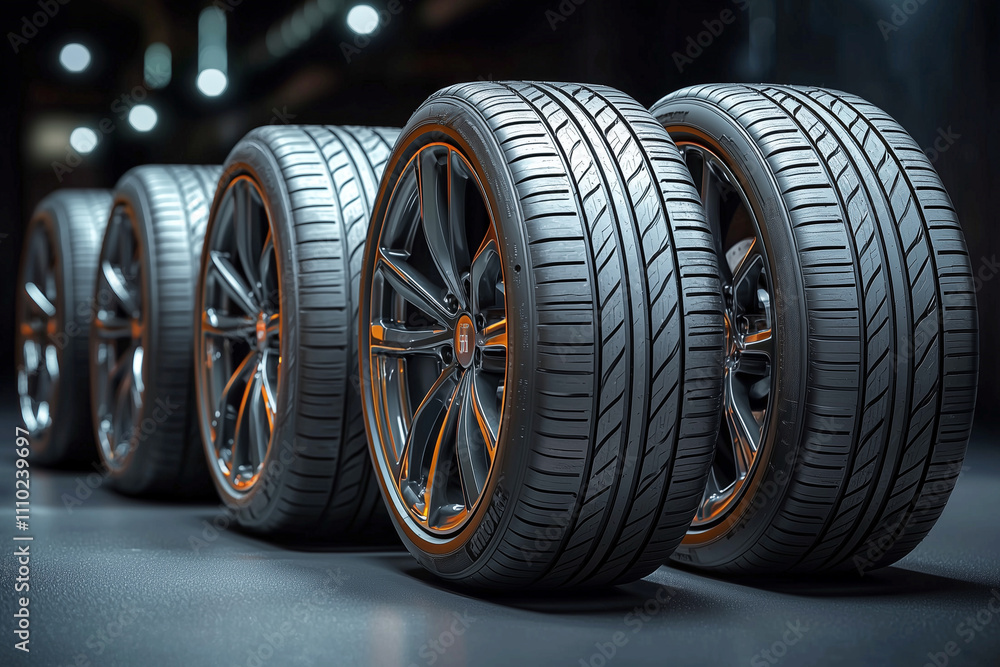 Demonstration of new tire models in a store, car dealership or exhibition. Switching from summer to winter tires or vice versa. Quality characteristics and durability of the product. Demonstration of new tire models in a store, car dealership or exhibition. Switching from summer to winter tires or vice versa. Quality characteristics and durability of the product.