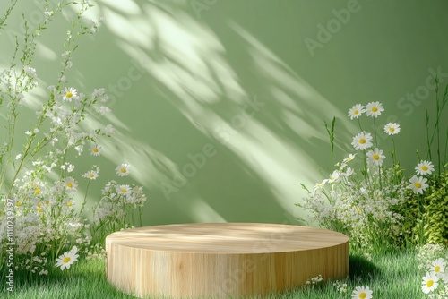 Wooden product display podium in green room with grass flowers and sunshine shadow background. Product presentation theme. Nature and Organic cosmetic and food concept. 3D illustration rendering  photo