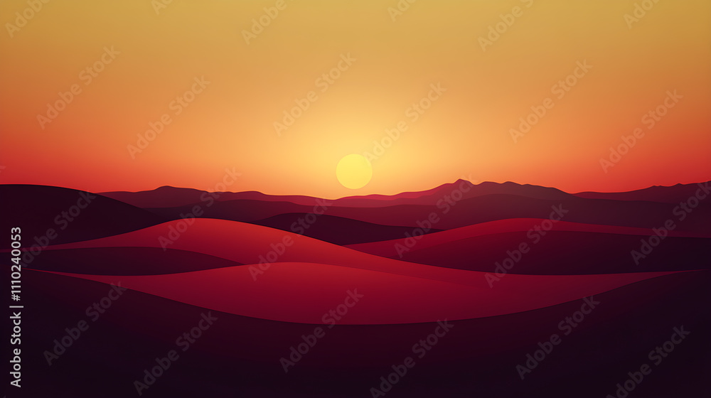Vector style background of evening landscape of open space with mountains and setting sun. Vector style background of evening landscape of open space with mountains and setting sun.