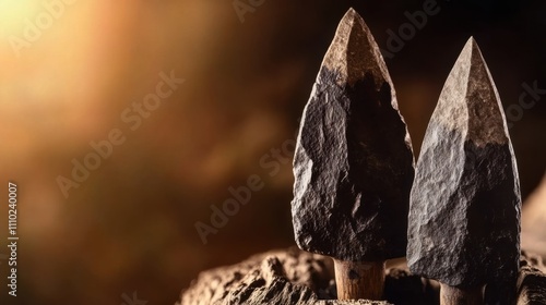 Close-up of ancient stone tools, sharp flint knives, and polished axes on a weathered wooden surface, symbolizing prehistoric craftsmanship and the dawn of human ingenuity photo