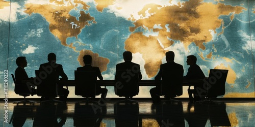 Global Business Strategy Meeting Silhouettes Against World Map Background