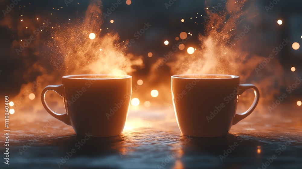 Obraz premium Two steaming cups of coffee emitting warm, inviting steam.