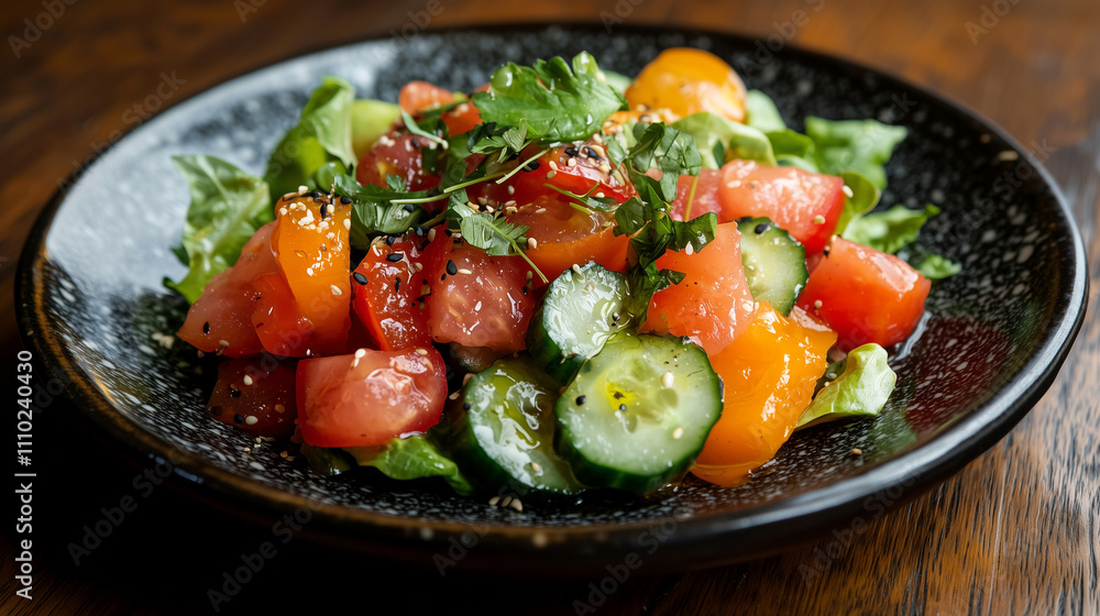 Fresh Vegetable Salad on Rustic Wooden Table with Olive Oil Fresh Vegetable Salad on Rustic Wooden Table with Olive Oil