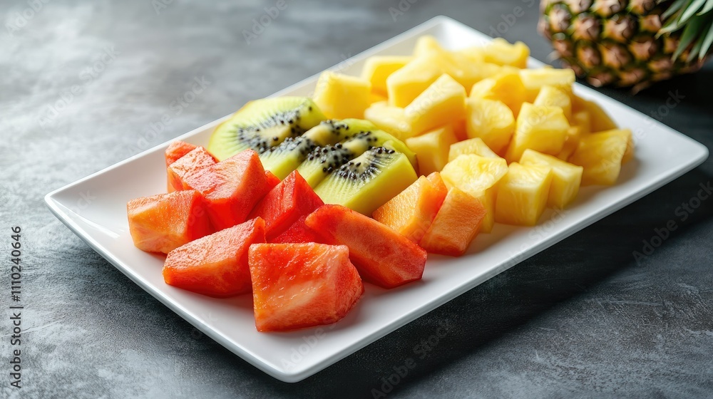 A white rectangular plate filled with a vibrant mix of tropical fruits, including sliced papaya, guava, and pineapple A white rectangular plate filled with a vibrant mix of tropical fruits, including sliced papaya, guava, and pineapple