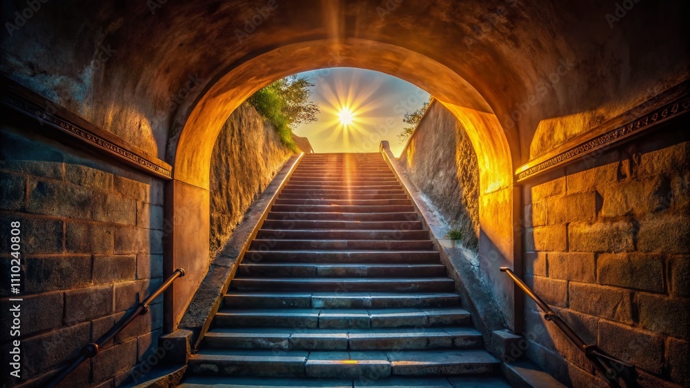Fototapeta premium Captivating Low Light Photography of Summer Sunlight Illuminating Steep Stairs at the End of a Dark Tunnel, Creating a Mystical Atmosphere and Inviting Exploration
