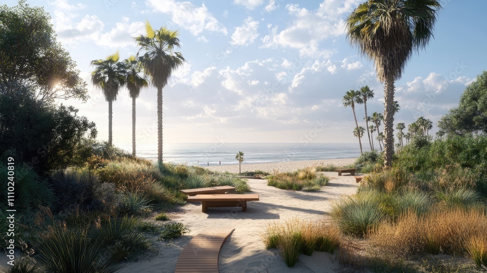 Fototapeta premium Serene Coastal Landscape with Palm Trees and Sand Pathway