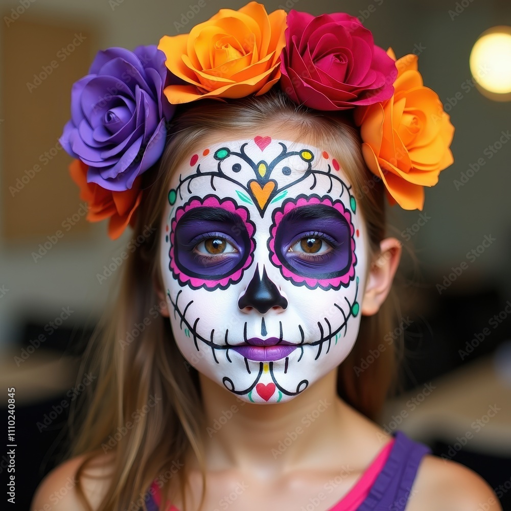 Face Paint Art for Dia de los Muertos with Floral and Cultural Accents. Face Paint Art for Dia de los Muertos with Floral and Cultural Accents.