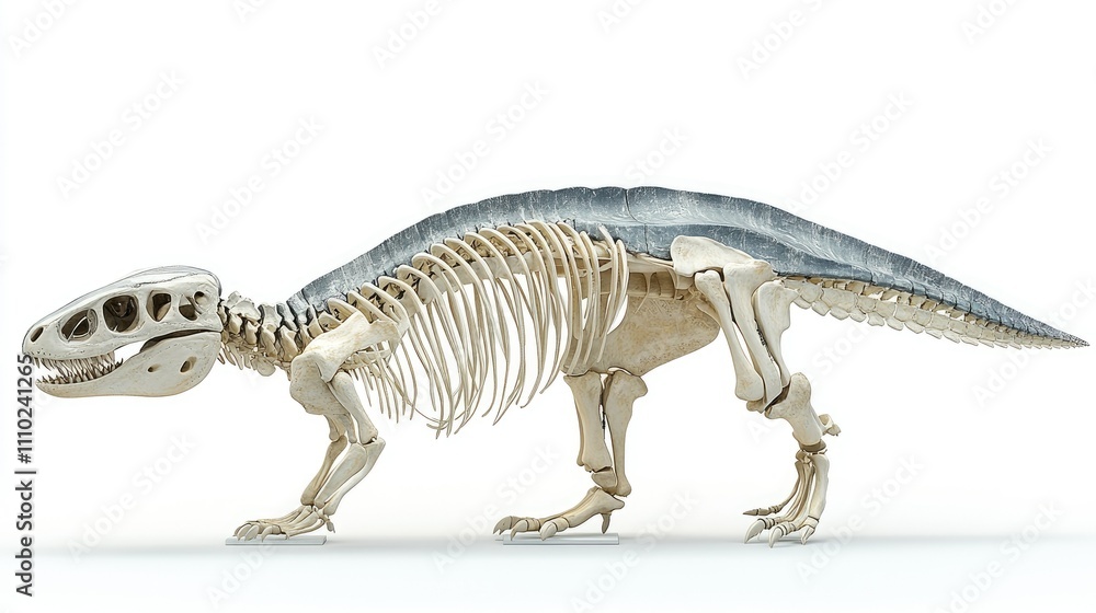 Detailed 3D rendering of a dinosaur skeleton against a white background. Detailed 3D rendering of a dinosaur skeleton against a white background.