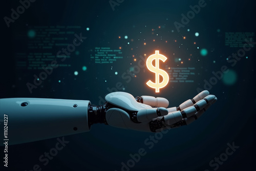 A robotic hand holding a glowing dollar sign, symbolizing the increasing role of automation and artificial intelligence in the financial industry.