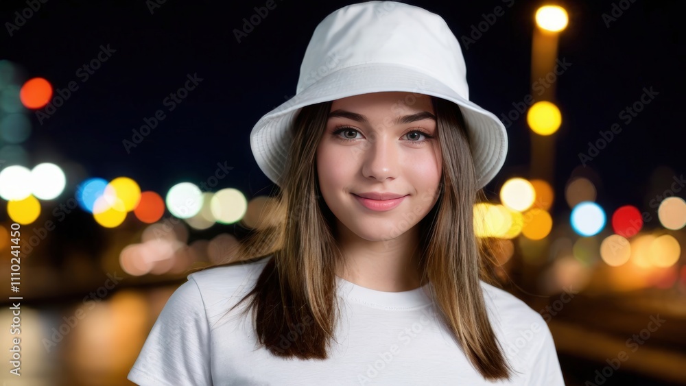 Teenage girl wearing white t-shirt and white bucket hat standing on the street at night Teenage girl wearing white t-shirt and white bucket hat standing on the street at night