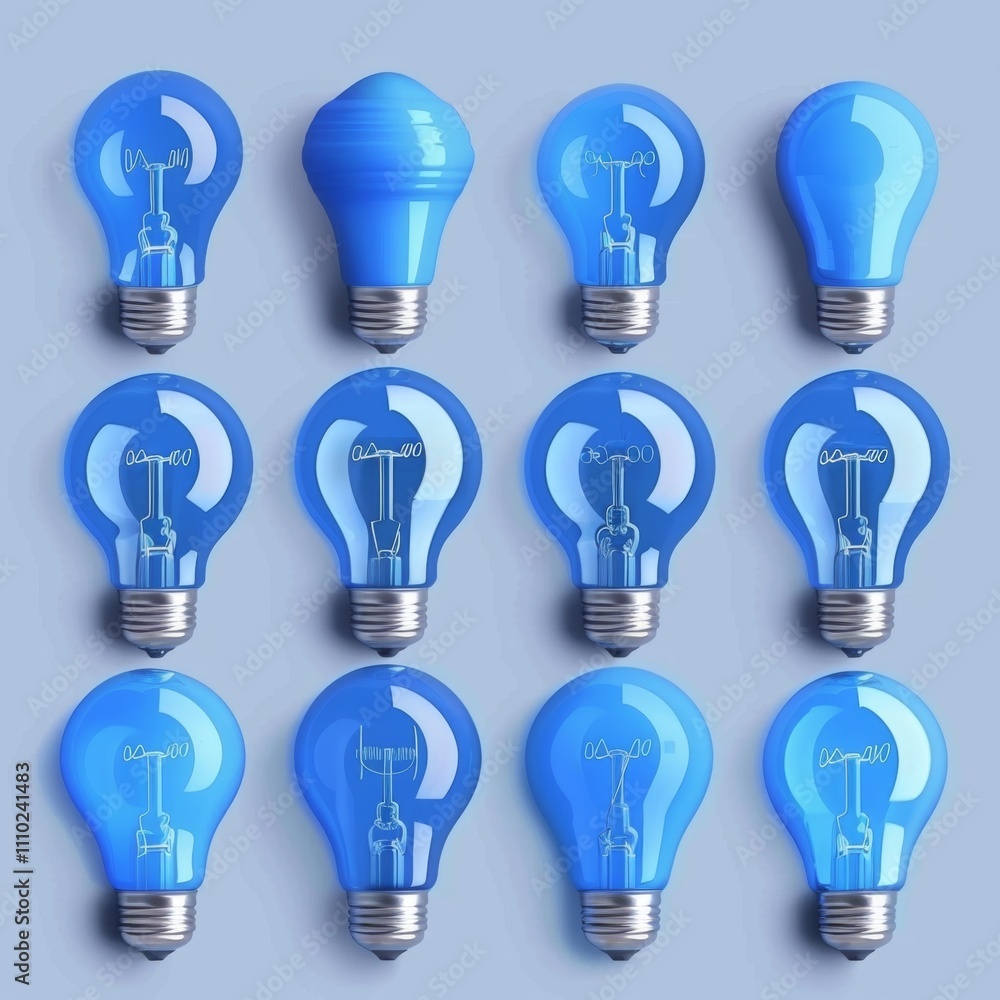 Blue light bulbs, lamp icon set, lightbulbs isolated, render style minimal light bulbs, creativity idea