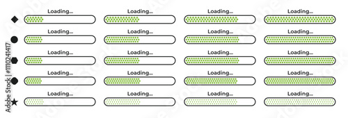 Loading bar icon vector set. load progress running infographic with filled various shapes. green, gray loader colors. concept of software system update or upgrade, charge indicator.