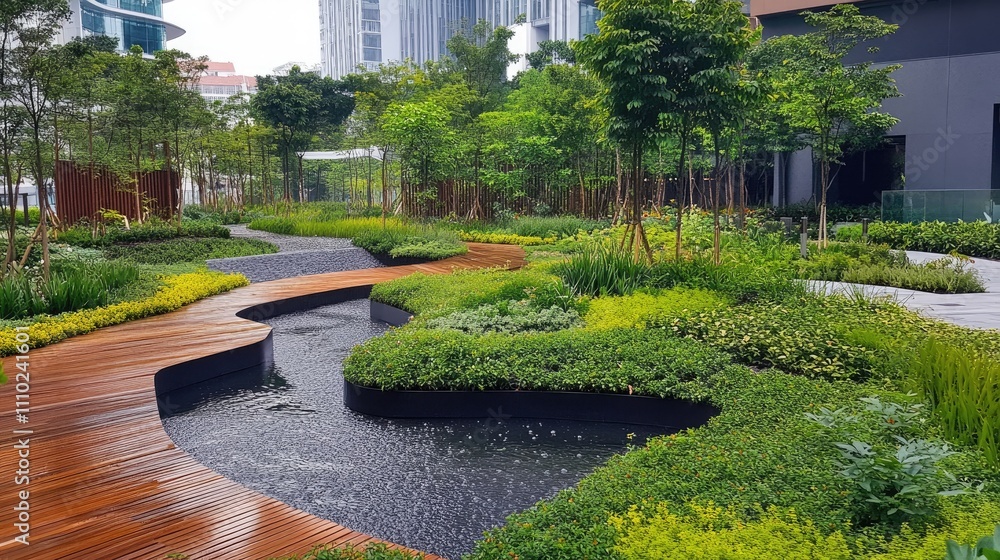 Fototapeta premium Vibrant Urban Garden with Water Features and Pathways