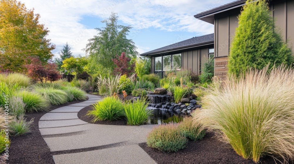 Obraz premium Tranquil Garden Path with Water Feature and Lush Foliage