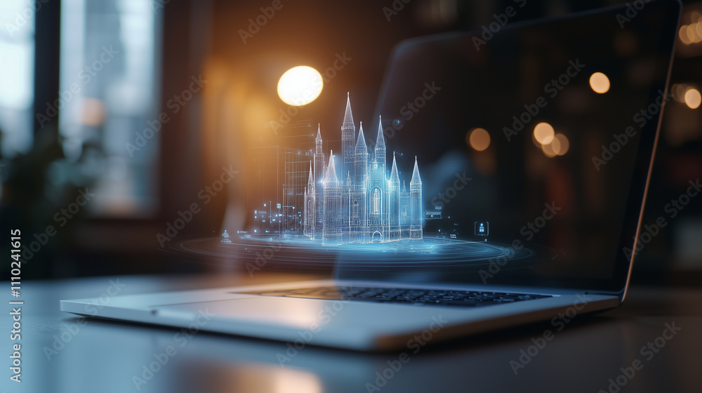 Holographic Castle Icon in Modern Workspace Technology Holographic Castle Icon in Modern Workspace Technology