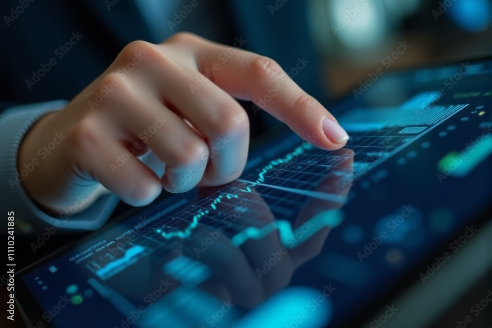 A person's hand using a tablet with a vibrant display of data visualizations A person's hand using a tablet with a vibrant display of data visualizations