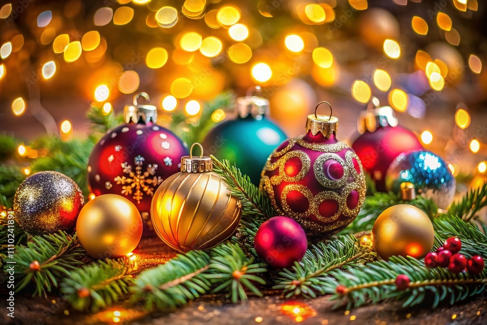 Captivating Macro Photography of Traditional Christmas Decor Featuring Colorful Baubles and Enchanting Bokeh Lights for a Festive Atmosphere Captivating Macro Photography of Traditional Christmas Decor Featuring Colorful Baubles and Enchanting Bokeh Lights for a Festive Atmosphere