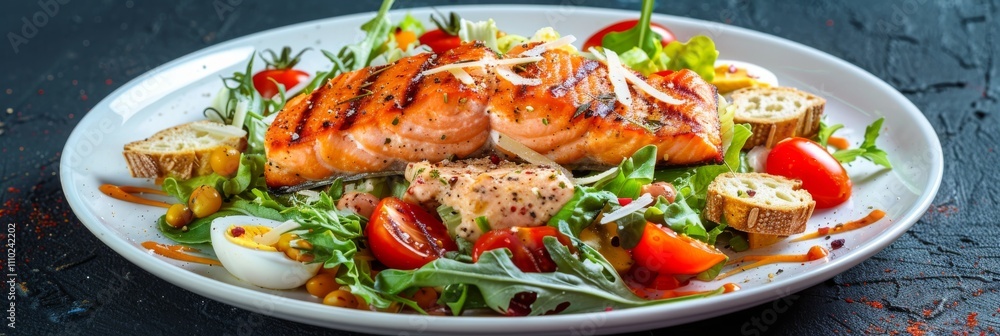 Caesar Salad with Grilled Salmon, Red Fish Fillet Salat, Quail Egg, Mini Baguette Crackers Caesar Salad with Grilled Salmon, Red Fish Fillet Salat, Quail Egg, Mini Baguette Crackers