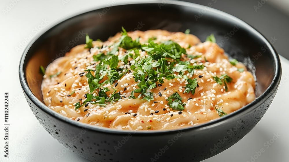 Creamy rose tteokbokki noodles in a stylish black bowl, garnished with herbs and sesame seeds, set on a white table Creamy rose tteokbokki noodles in a stylish black bowl, garnished with herbs and sesame seeds, set on a white table