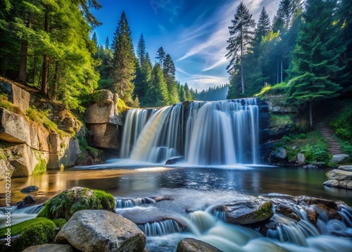 Captivating Minimalist Photography of the Wild Waterfall on the Omnica River Surrounded by Lush Greenery in Karpacz, Poland, Showcasing the Serene Beauty of Nature's Untamed Splendor photo